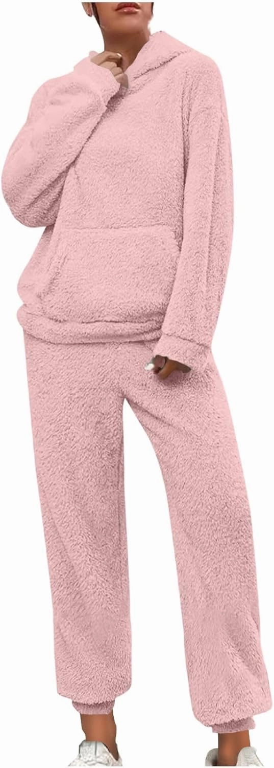 Plus Size 2 Piece Sets Women Long Sleeve Pajama Set Hooded Sweatshirt and Elastic Solid Pants Fuzzy Lounge Set