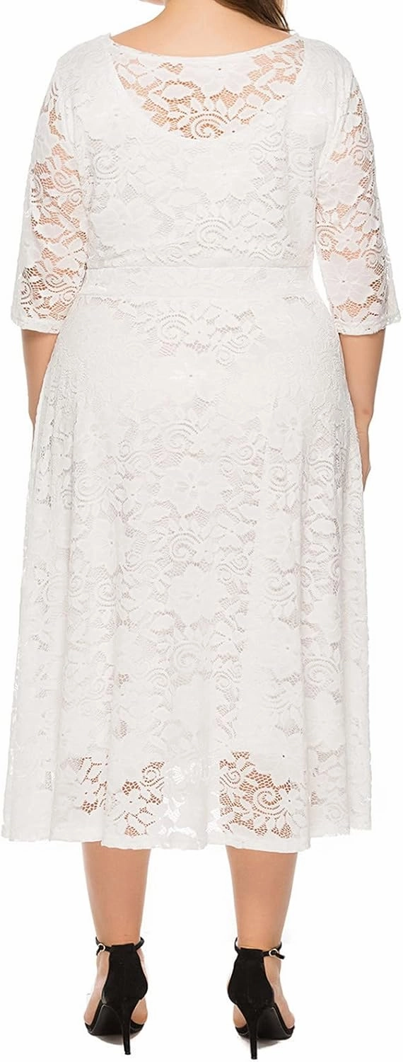 Plus Size Dresses for Women Lace Hollow Out Long Sleeve Flowy Dress with Pocket Elastic Waist Wedding Guest Long Gown