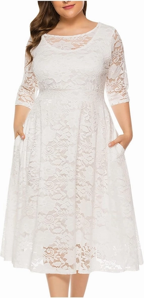 Plus Size Dresses for Women Lace Hollow Out Long Sleeve Flowy Dress with Pocket Elastic Waist Wedding Guest Long Gown