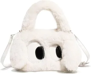 Plush Cartoon Eyes Handbag, Fluffy Furry Purse, 6 Colors Available - Pink, Brown, Camel, White, Green, Blush
