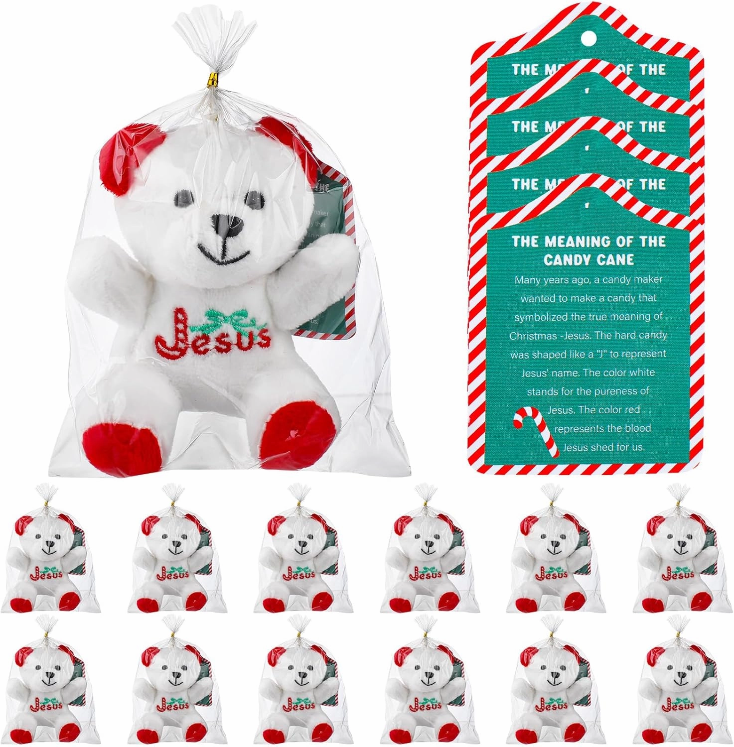 Poen 27 Pack Christmas Jesus Mini Plush Bears with Candy Cane Cards Set Religious Stuffed Animal Plush Bears for Classroom School Kids Exchange Prize Gifts Bear Doll Toy for Xmas Party Favors