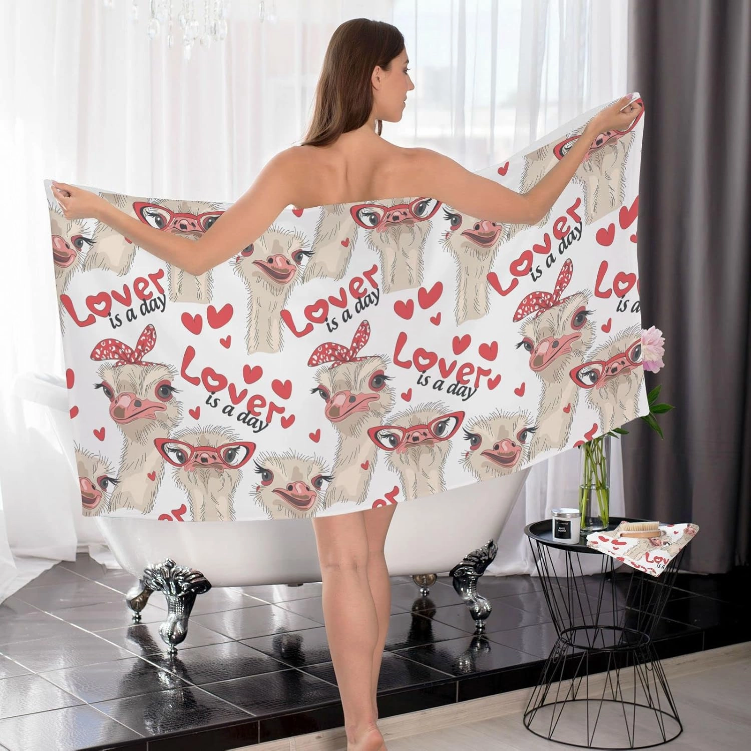 Poeticcity Ostriches with Red Glasses Hairpins Lover is a Day Letterings 2 PCs Soft Pure Cotton Towel Set for Bathroom, 1 Skin Friendly Bath Towel 27x54 in, 1 Absorbent Hand Towel Wash Cloth 12x12 in