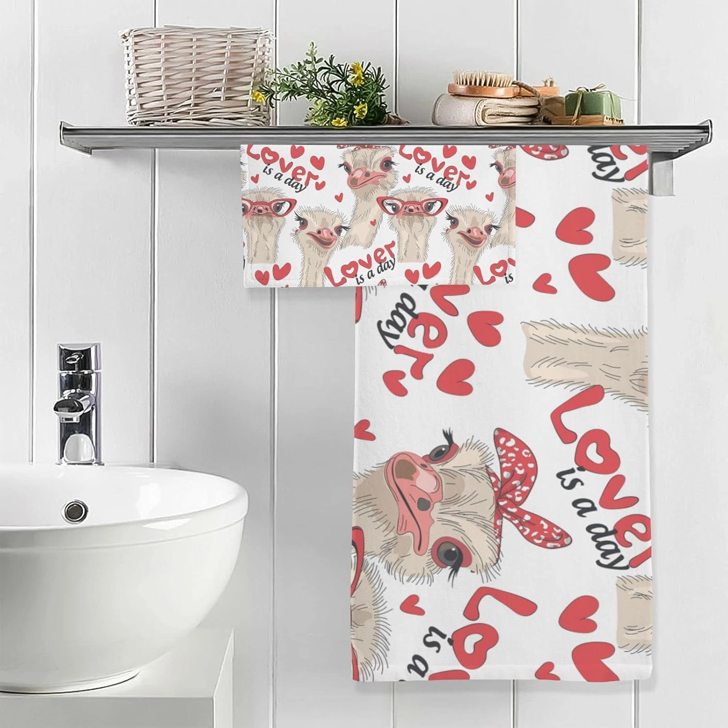 Poeticcity Ostriches with Red Glasses Hairpins Lover is a Day Letterings 2 PCs Soft Pure Cotton Towel Set for Bathroom, 1 Skin Friendly Bath Towel 27x54 in, 1 Absorbent Hand Towel Wash Cloth 12x12 in