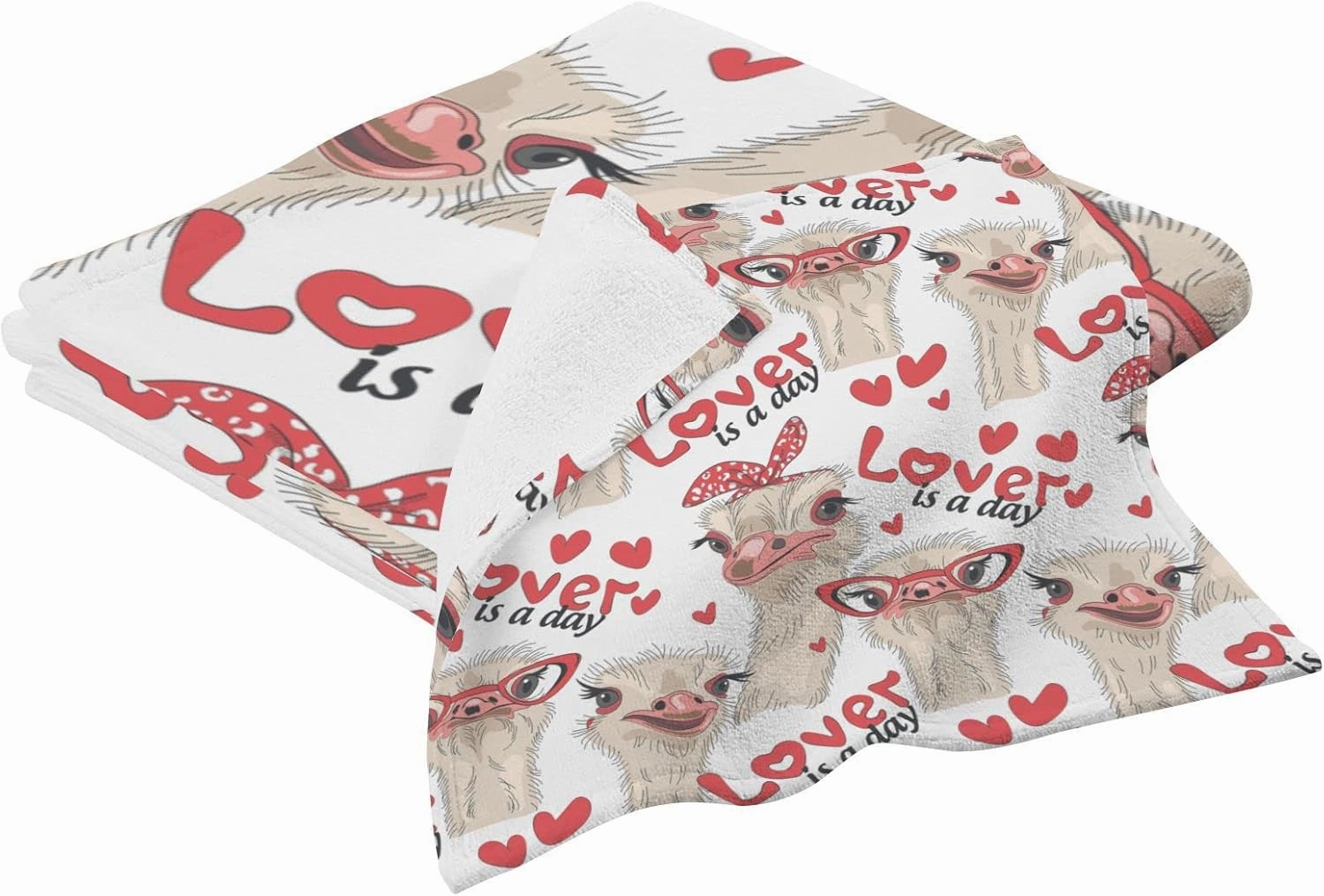 Poeticcity Ostriches with Red Glasses Hairpins Lover is a Day Letterings 2 PCs Soft Pure Cotton Towel Set for Bathroom, 1 Skin Friendly Bath Towel 27x54 in, 1 Absorbent Hand Towel Wash Cloth 12x12 in