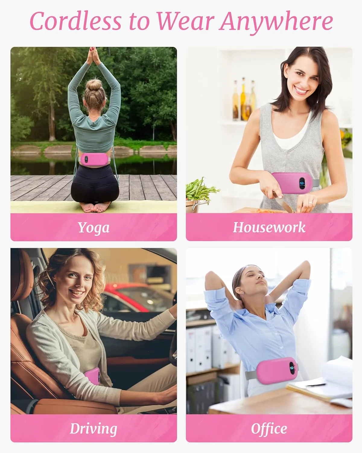 Portable Heating Pad for Cramps, Upgrade Cordless Electric Period Fast Heating Pad for Back Pain Relief Menstrual Belt 6 Heat 6 Massage Modes Gifts for Women Girls Her Girlfriend Rose Pink
