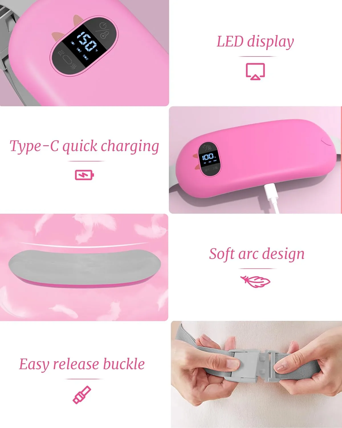 Portable Heating Pad for Cramps, Upgrade Cordless Electric Period Fast Heating Pad for Back Pain Relief Menstrual Belt 6 Heat 6 Massage Modes Gifts for Women Girls Her Girlfriend Rose Pink