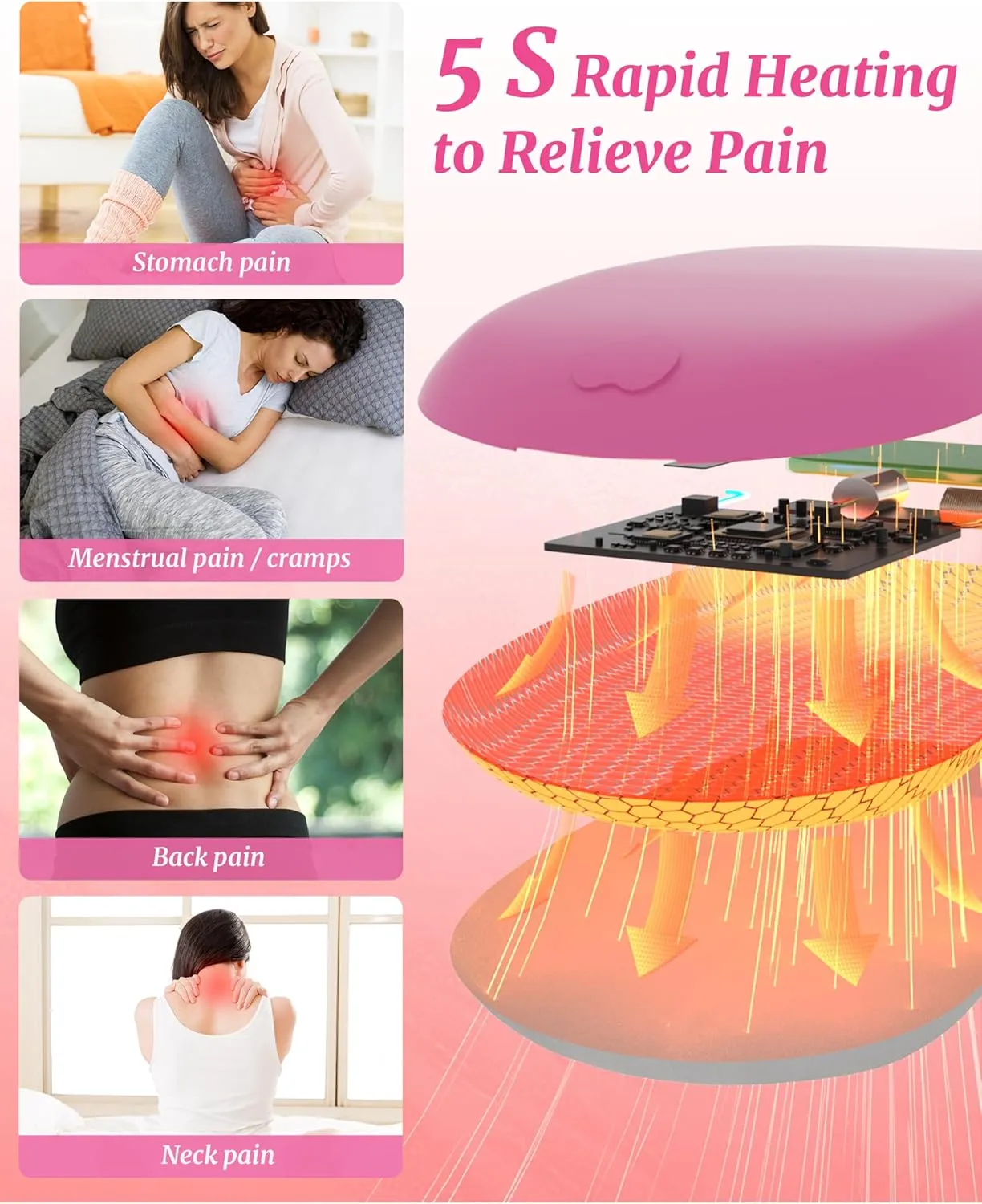 Portable Heating Pad for Cramps, Upgrade Cordless Electric Period Fast Heating Pad for Back Pain Relief Menstrual Belt 6 Heat 6 Massage Modes Gifts for Women Girls Her Girlfriend Rose Pink
