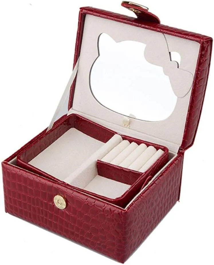 Portable Leather Jewelry Box Mini with Mirror Jewelry Storage Box Velvet Lining Red New Year Gift