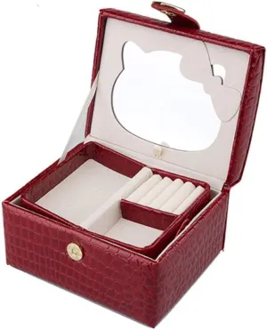 Portable Leather Jewelry Box Mini with Mirror Jewelry Storage Box Velvet Lining Red New Year Gift