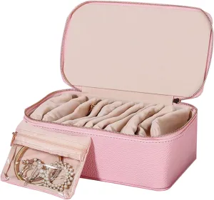Portable PU Leather Jewelry Organizer Box with 12 Small Pouches, For Girls Womens Earring Necklace Rings Bracelets Bags,Travel Jewelry Box with Small Velvet Pouches, Graduation Gifts Wedding (Pink)