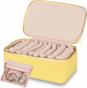 Portable PU Leather Jewelry Organizer Box with 12 Small Pouches, For Girls Womens Earring Necklace Rings Bracelets Bags,Travel Jewelry Box with Small Velvet Pouches, Graduation Gifts Wedding (Yellow)