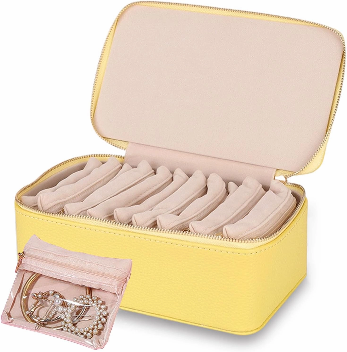 Portable PU Leather Jewelry Organizer Box with 12 Small Pouches, For Girls Womens Earring Necklace Rings Bracelets Bags,Travel Jewelry Box with Small Velvet Pouches, Graduation Gifts Wedding (Yellow)