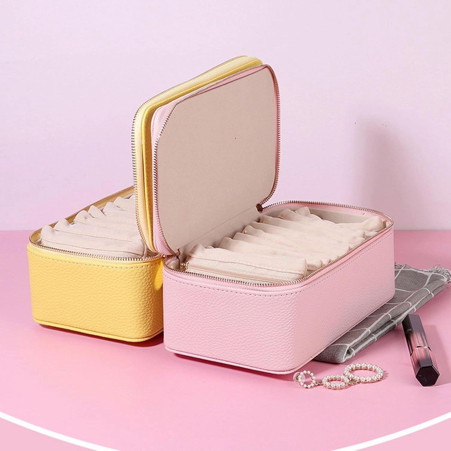Portable PU Leather Jewelry Organizer Box with 12 Small Pouches, For Girls Womens Earring Necklace Rings Bracelets Bags,Travel Jewelry Box with Small Velvet Pouches, Graduation Gifts Wedding (Yellow)