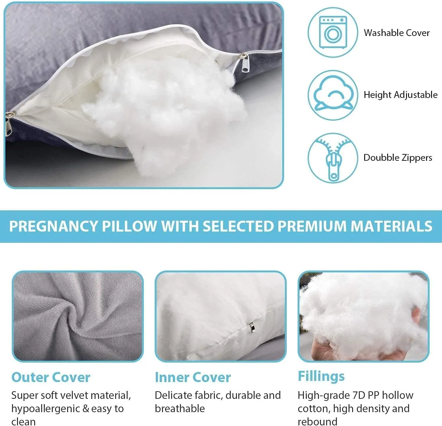 Pregnancy Pillow J-Shaped Full Body Pillow, 59 inch Cool Fabric Easy to Remove and Wash, Support Pregnant Women's Backs Legs and HIPS, Improve Sleep,Pregnancy Pillow for Women ，Pink