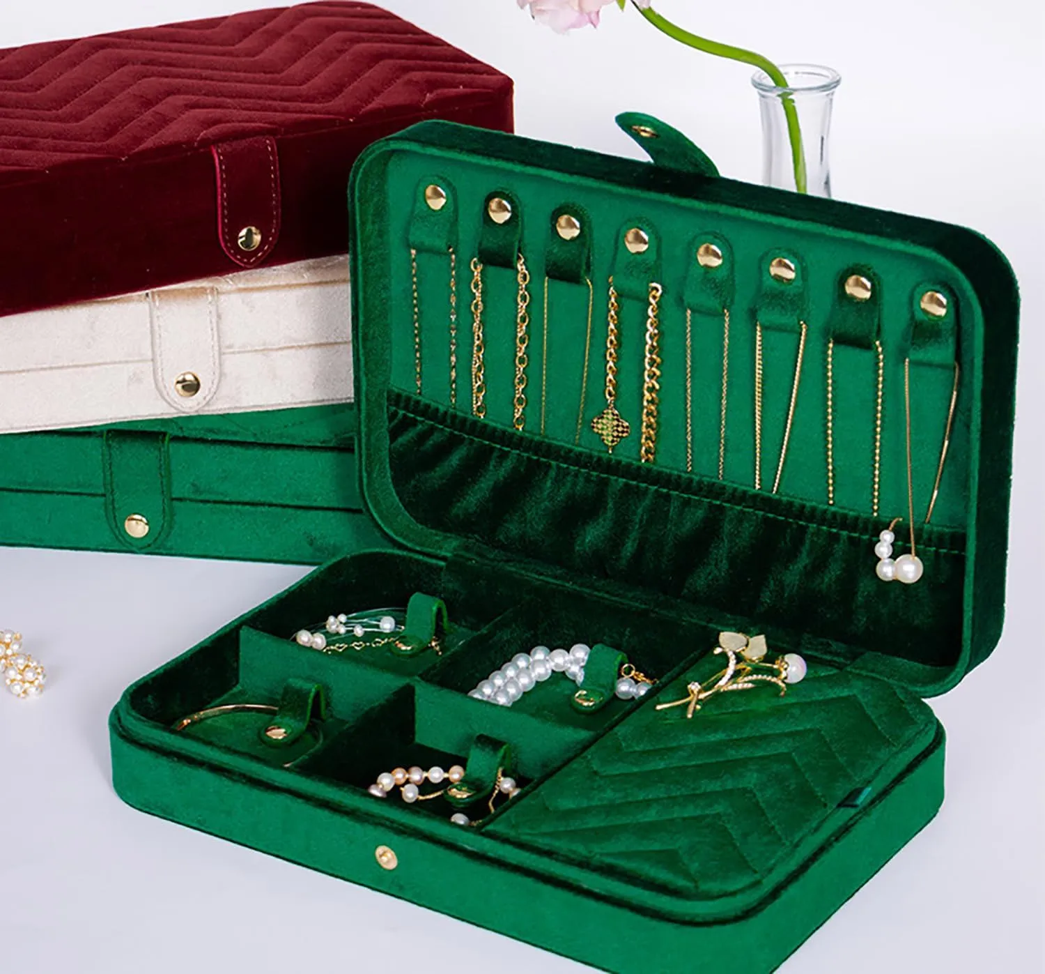 Premium Velvet Jewelry Box, Travel Jewelry Organizer with Hidden Compartments, Jewelry Storage Box, Jewelry Stand Organizer for Earrings, Necklaces, Bracelets, Rings ,Milk coffee,25.5*16.5*5.3