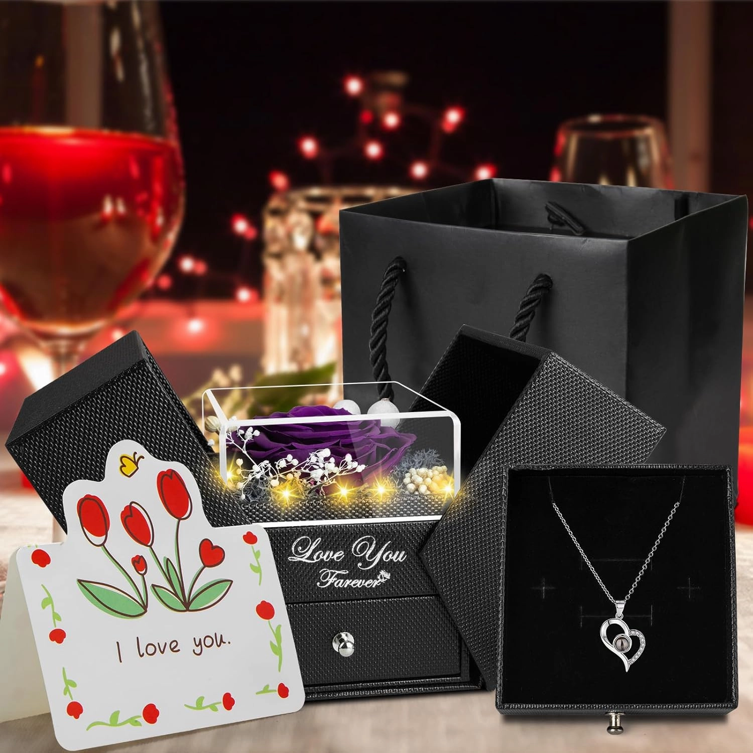 Preserved Purple Real Rose with I Love You Necklace -Eternal Flowers Rose for Mom Grandma Wife Girlfriend Gifts for Her from Husband Christmas Birthday Anniversary