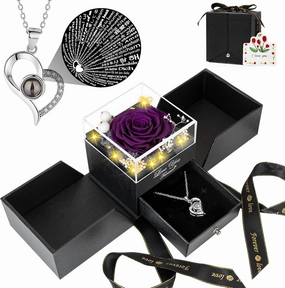 Preserved Purple Real Rose with I Love You Necklace -Eternal Flowers Rose for Mom Grandma Wife Girlfriend Gifts for Her from Husband Christmas Birthday Anniversary
