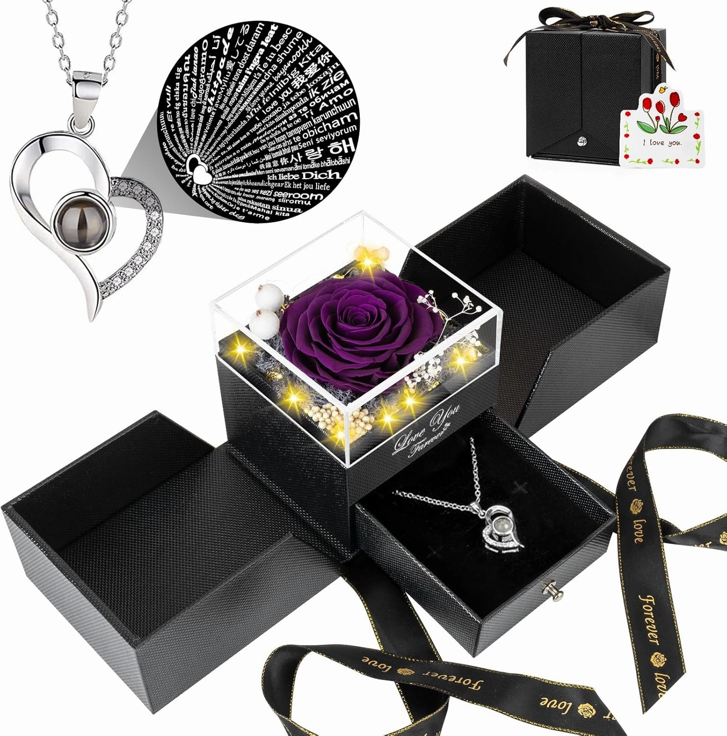 Preserved Purple Real Rose with I Love You Necklace -Eternal Flowers Rose for Mom Grandma Wife Girlfriend Gifts for Her from Husband Christmas Birthday Anniversary