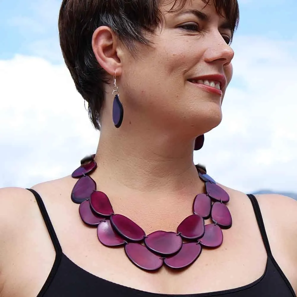 Purple Statement Necklace Beaded with Tagua Nut, Bold Chunky Bib Style, Eco Fair Trade Jewelry for Women