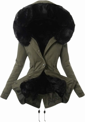 Qeaghou Fleece Lined Winter Coats for Women Warm Trench Coat Furry Windbreaker Ski Jacket Fuzzy Solid Jacket with Hood