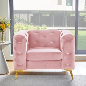 QHITTY Chesterfield Chair, Accent Armrest Velvet Chair with Square Arms and Metal Tufted Button, Metal Legs for Living Room, Office, Bedroom (Pink)