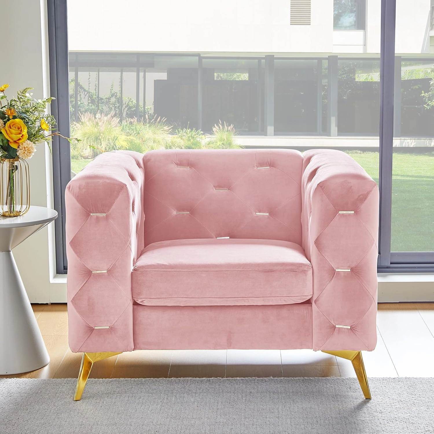 QHITTY Chesterfield Chair, Accent Armrest Velvet Chair with Square Arms and Metal Tufted Button, Metal Legs for Living Room, Office, Bedroom (Pink)