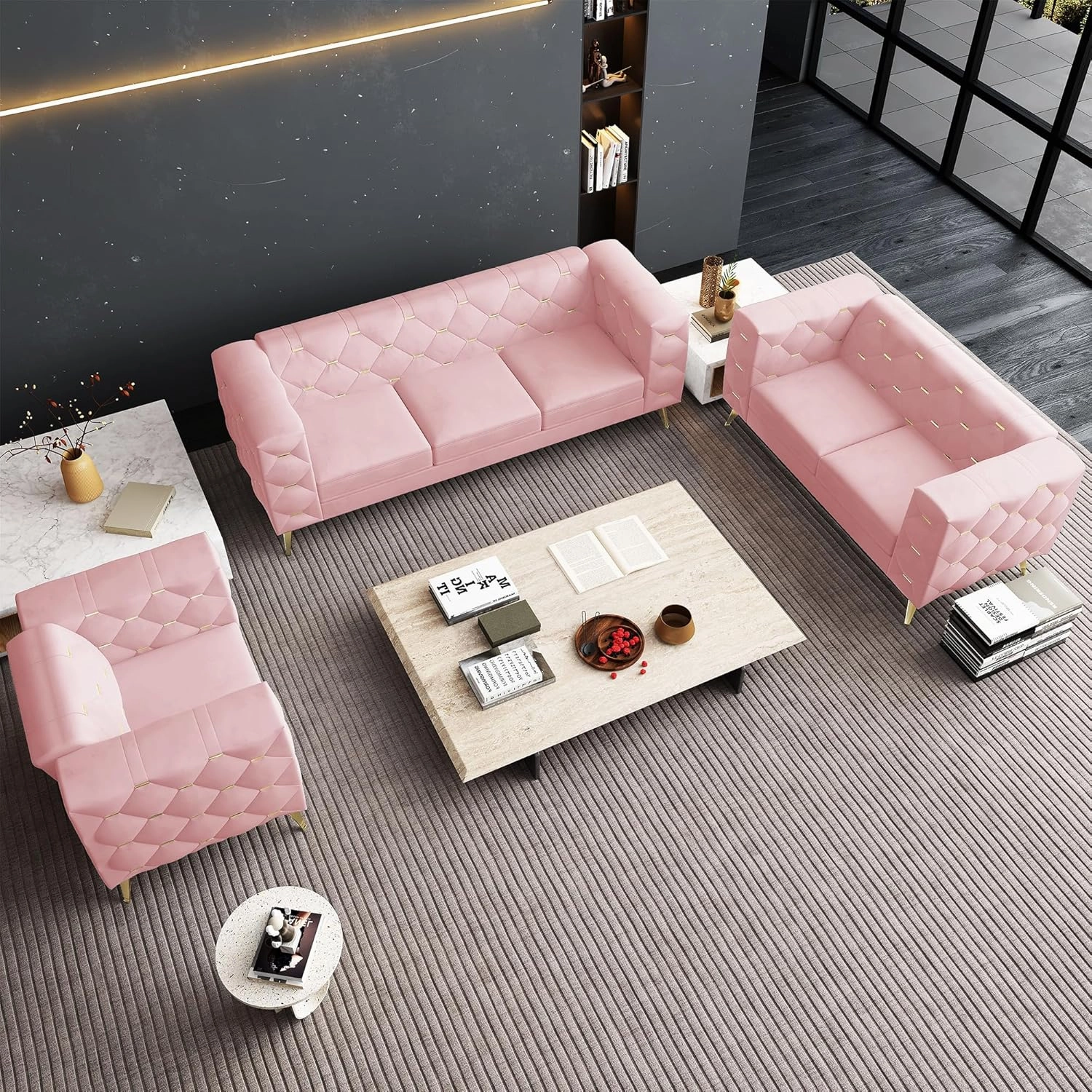 QHITTY Chesterfield Chair, Accent Armrest Velvet Chair with Square Arms and Metal Tufted Button, Metal Legs for Living Room, Office, Bedroom (Pink)