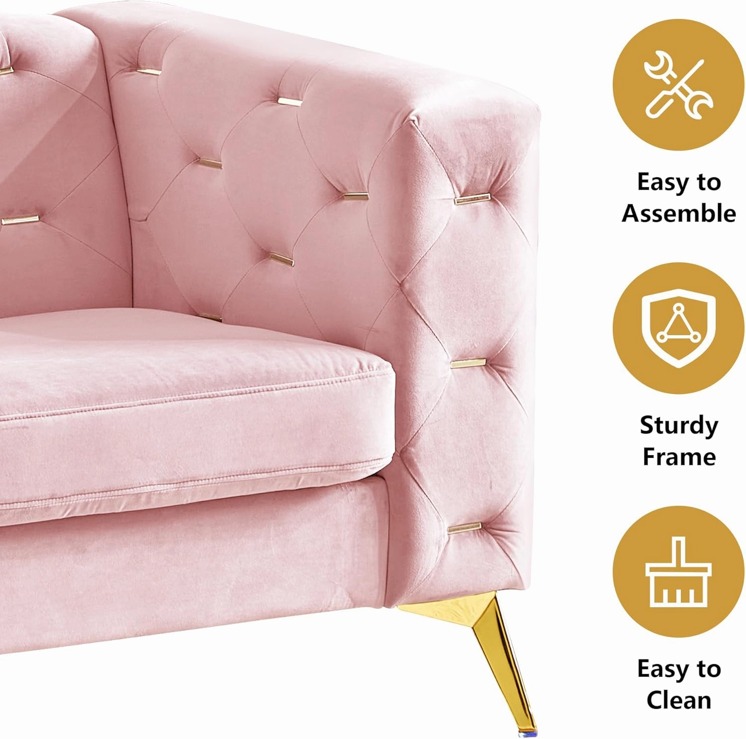 QHITTY Chesterfield Chair, Accent Armrest Velvet Chair with Square Arms and Metal Tufted Button, Metal Legs for Living Room, Office, Bedroom (Pink)