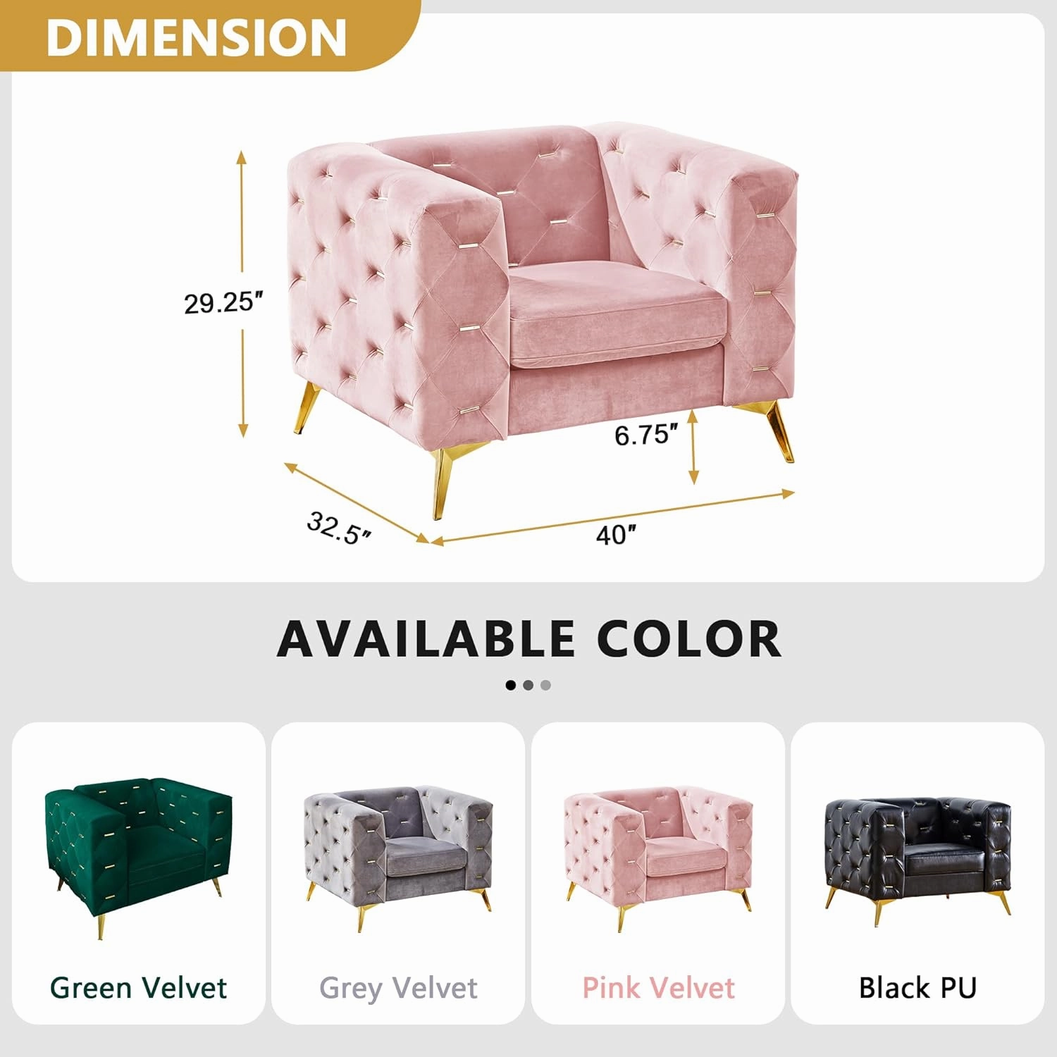 QHITTY Chesterfield Chair, Accent Armrest Velvet Chair with Square Arms and Metal Tufted Button, Metal Legs for Living Room, Office, Bedroom (Pink)