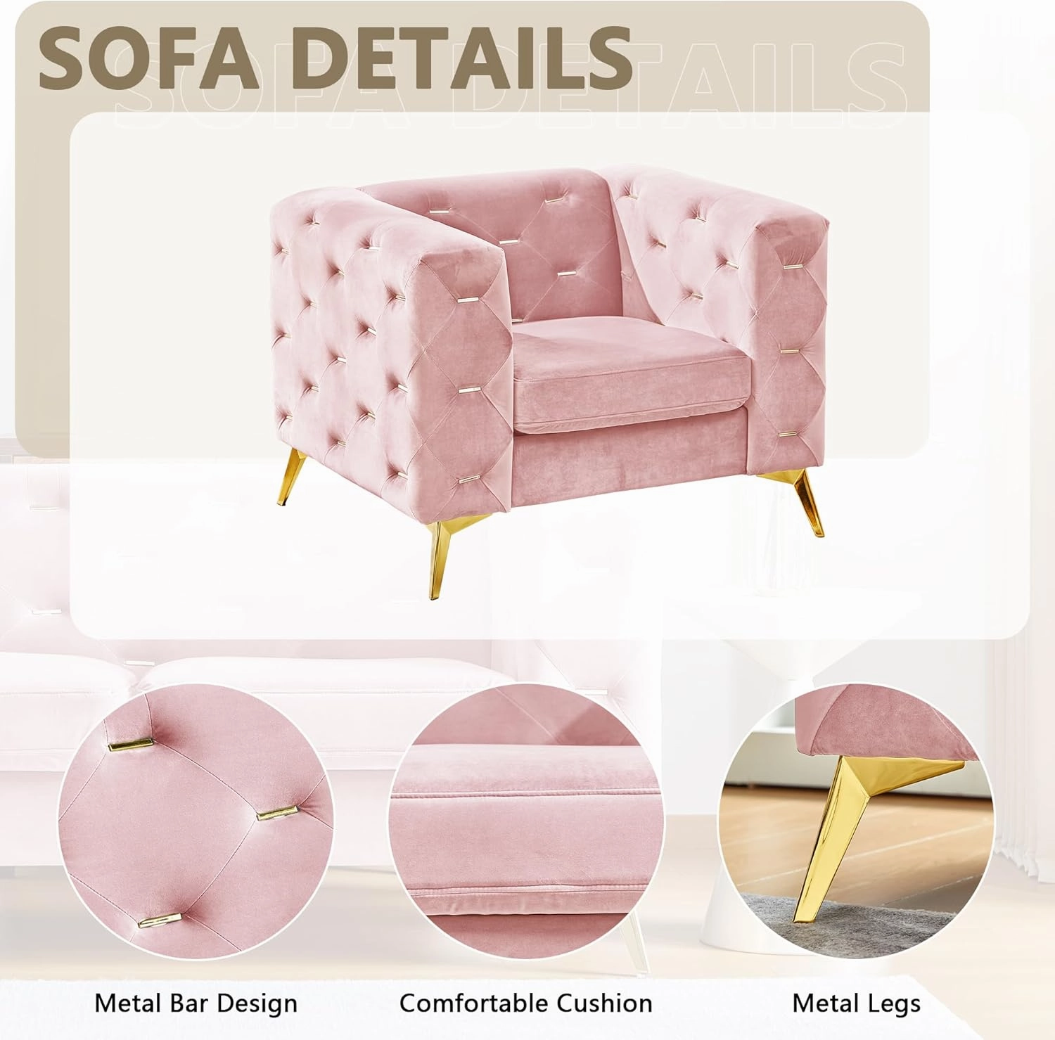 QHITTY Chesterfield Chair, Accent Armrest Velvet Chair with Square Arms and Metal Tufted Button, Metal Legs for Living Room, Office, Bedroom (Pink)