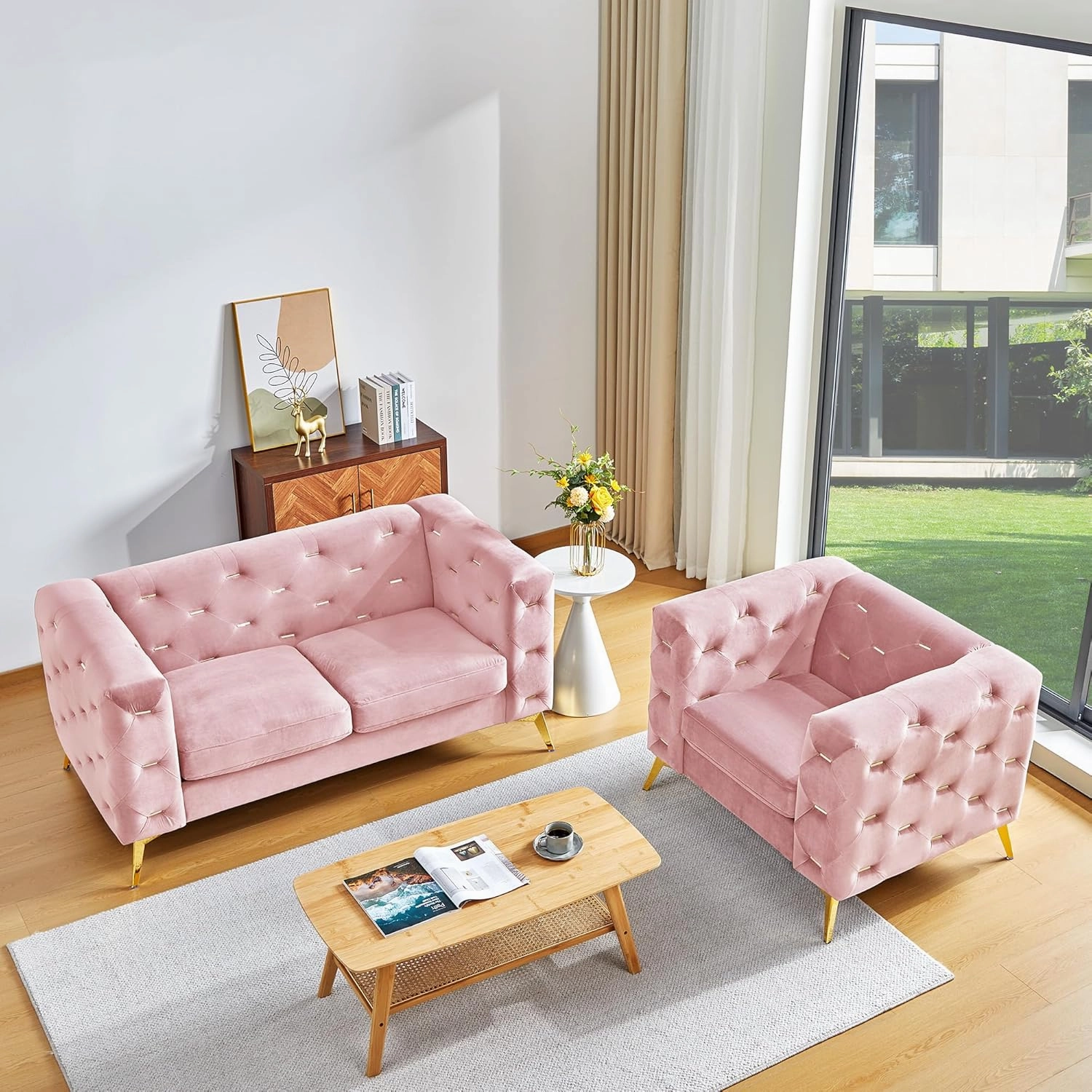 QHITTY Chesterfield Chair, Accent Armrest Velvet Chair with Square Arms and Metal Tufted Button, Metal Legs for Living Room, Office, Bedroom (Pink)