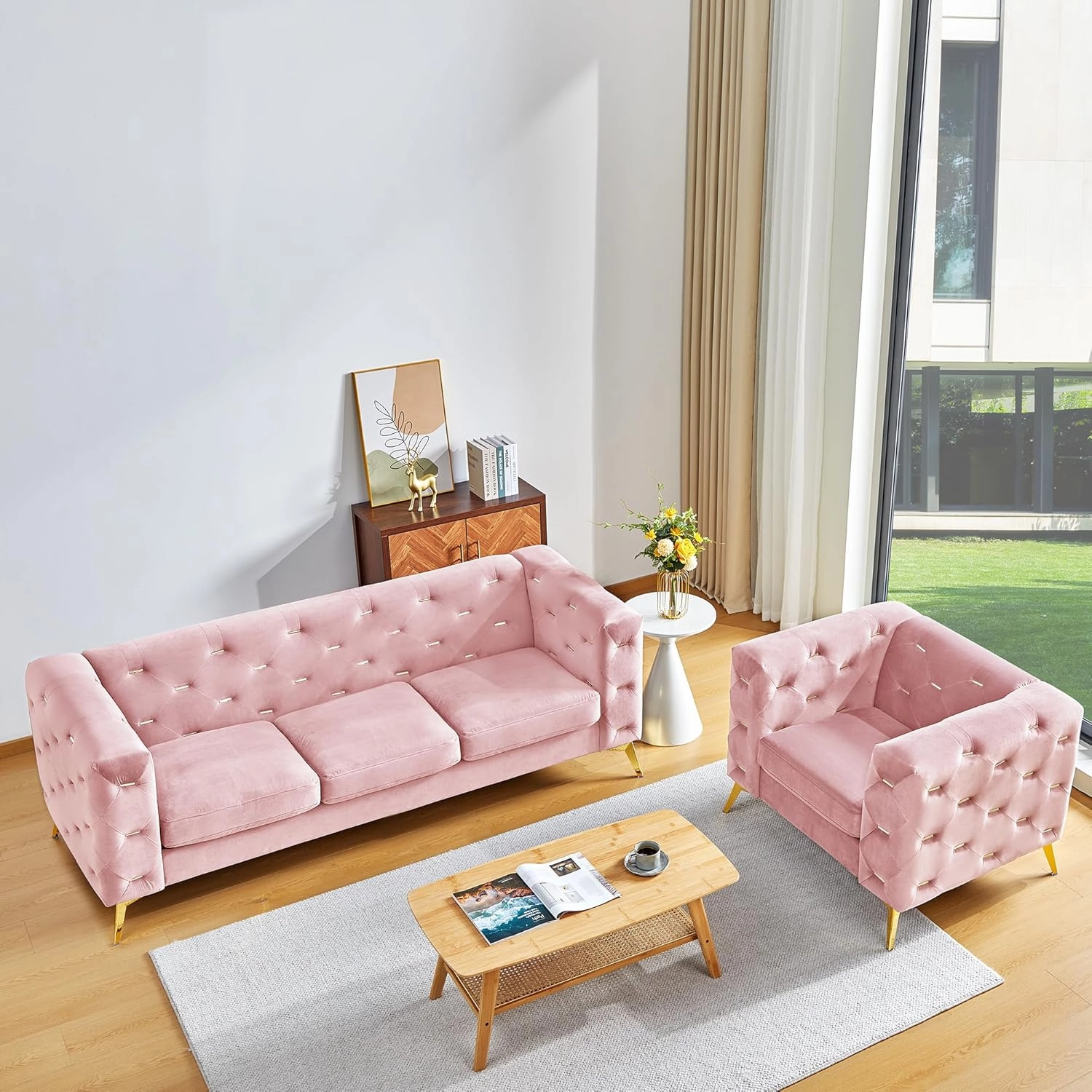 QHITTY Chesterfield Chair, Accent Armrest Velvet Chair with Square Arms and Metal Tufted Button, Metal Legs for Living Room, Office, Bedroom (Pink)