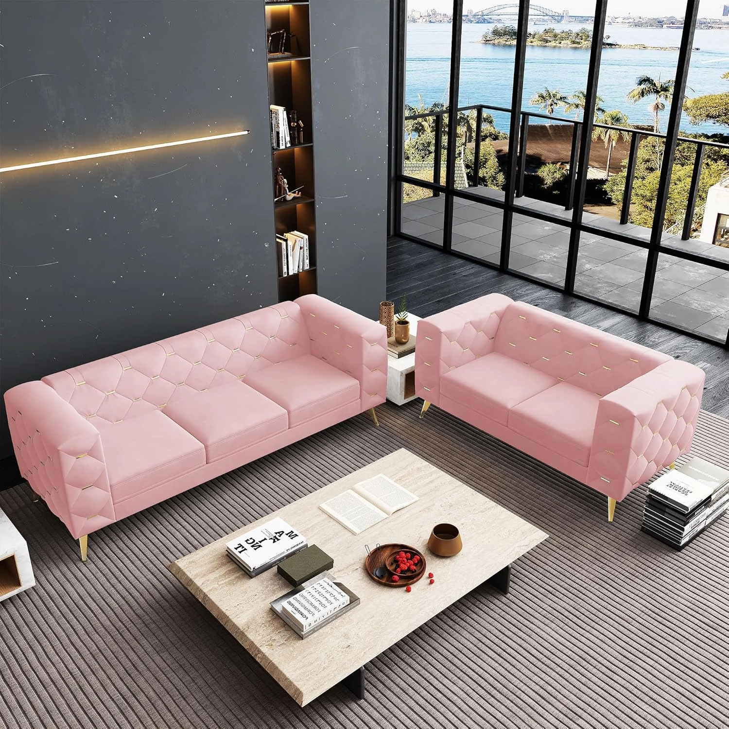 QHITTY Chesterfield Chair, Accent Armrest Velvet Chair with Square Arms and Metal Tufted Button, Metal Legs for Living Room, Office, Bedroom (Pink)