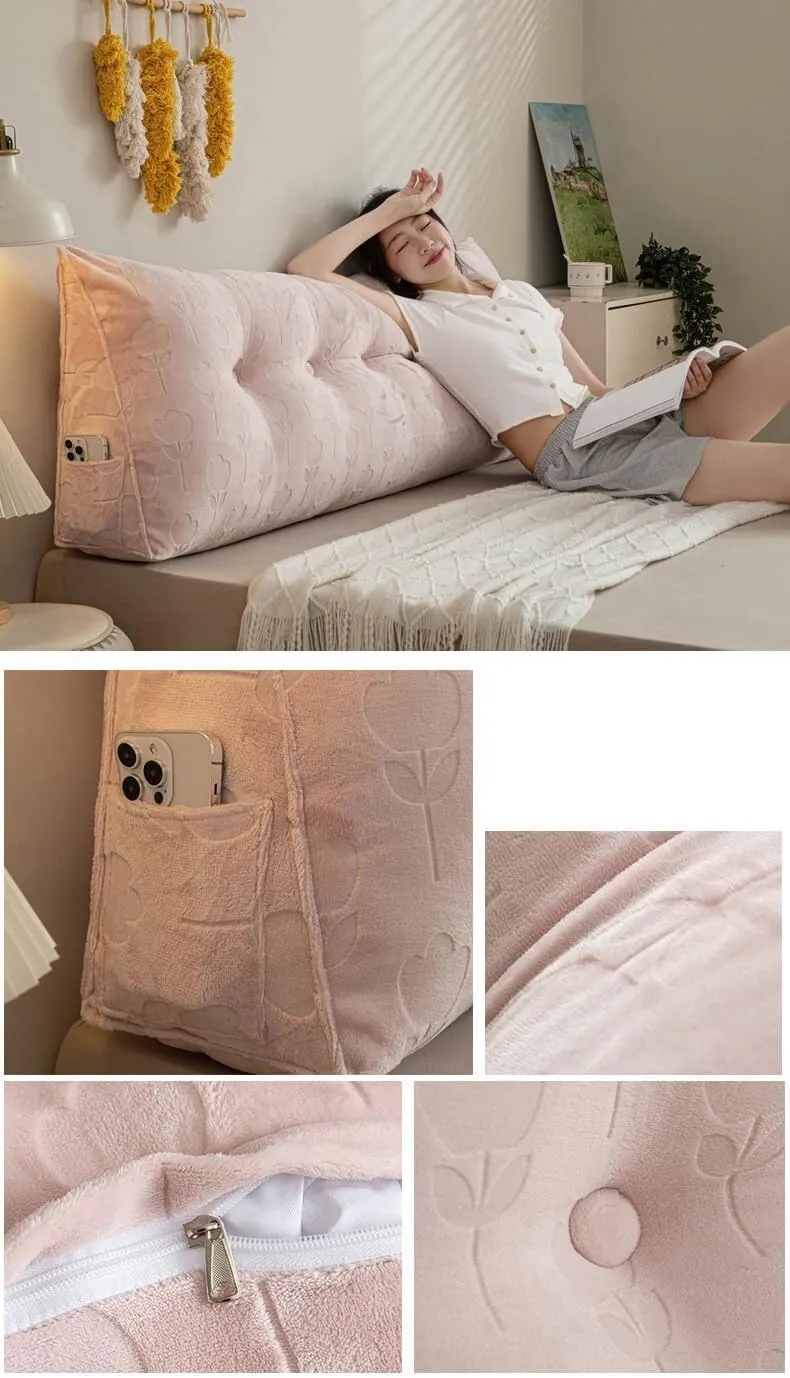 Queen Pillow Headboard Pillow Fleece Wedge Headboard Pillow, Triangular Headboard Reading Pillow, Washable Backrest Positioning Sofa Bed Support Cushion ( Color : Pink , Size : Twin:100*20*50cm )