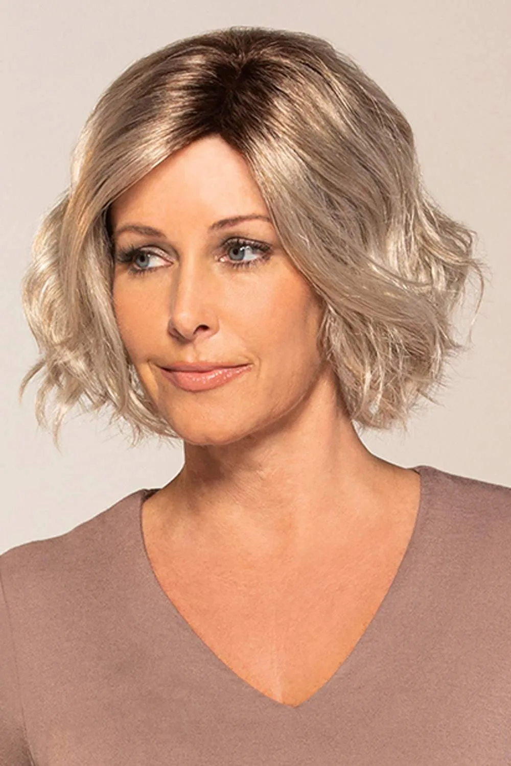 Quinn Wig Color 14/26S10 Shaded Pralines N' Creme - Jon Renau Wigs 9" Short Textured Wavy Layers Synthetic Lace Front Welded Monofilament Part Women's Curly Open Cap Adjustable Scalp Cooling