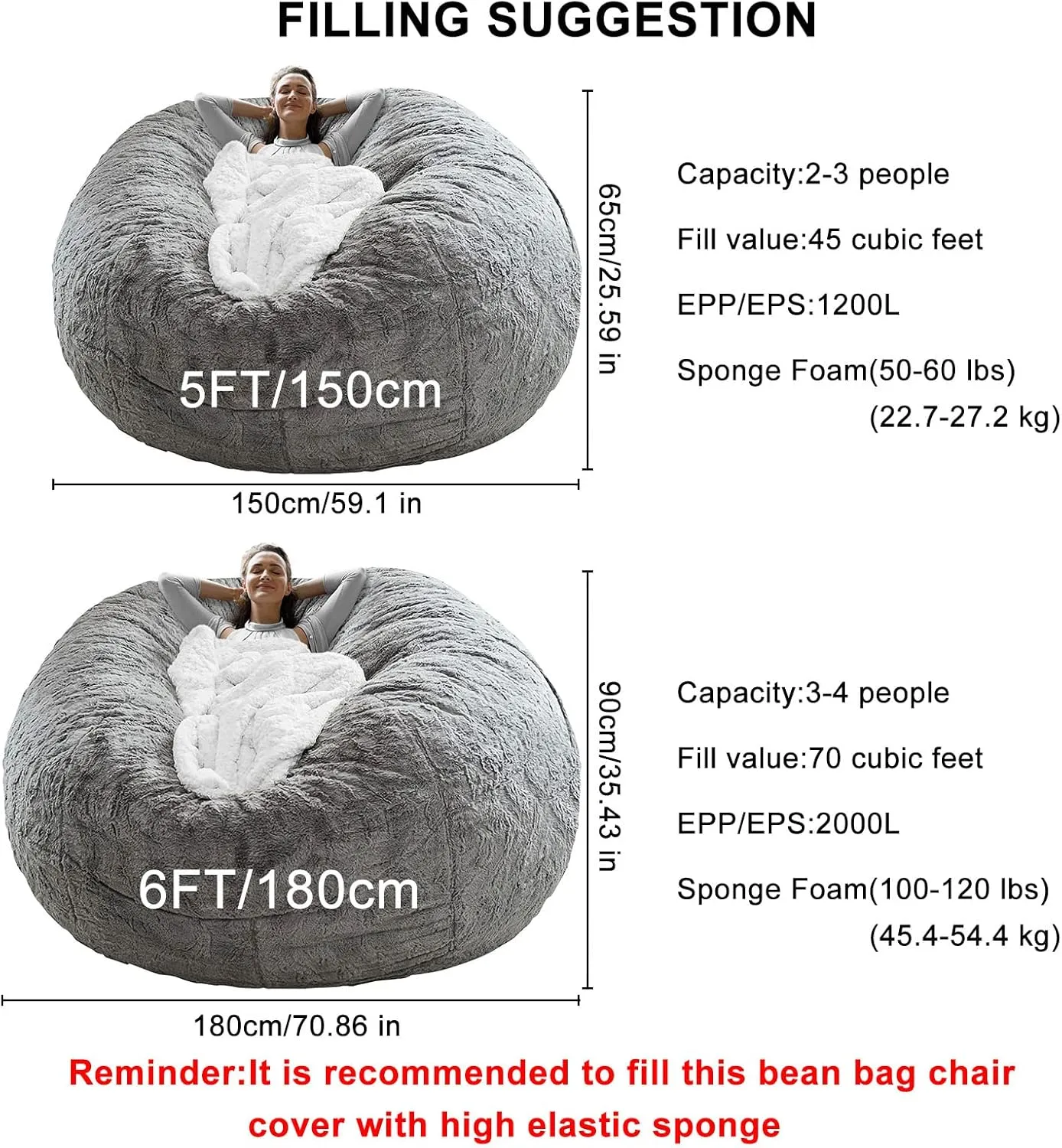 RAINBEAN Bean Bag Chair Cover(it was only a Cover, not a Full Bean Bag) Chair Cushion, Big Round Soft Fluffy PV Velvet Sofa Bed Cover, Living Room Furniture, Lazy Sofa Bed Cover,5ft red