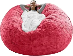 RAINBEAN Bean Bag Chair Cover(it was only a Cover, not a Full Bean Bag) Chair Cushion, Big Round Soft Fluffy PV Velvet Sofa Bed Cover, Living Room Furniture, Lazy Sofa Bed Cover,5ft red