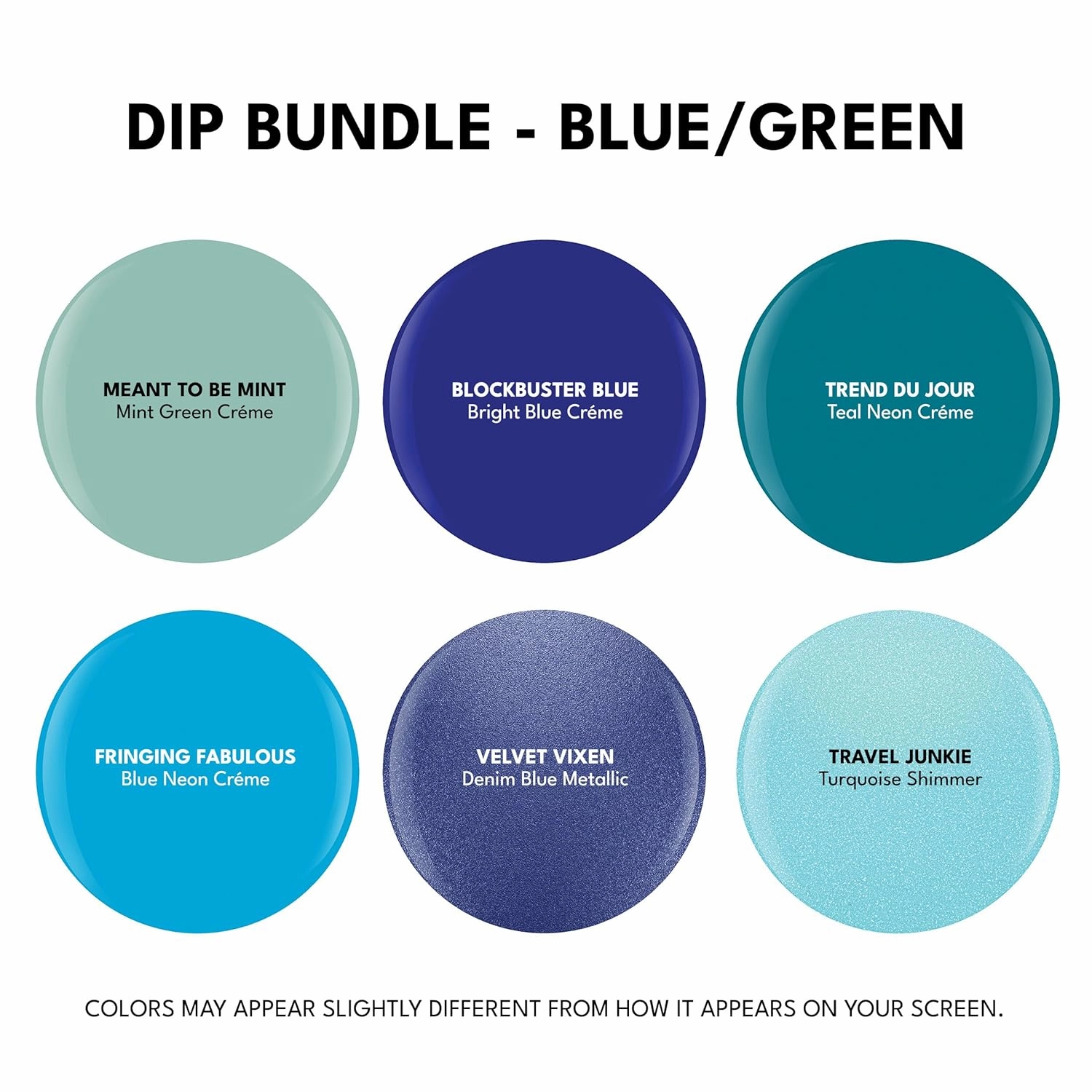 RC Red Carpet Manicure Color Dip Bundle Blue/Green – Vibrant Set, 0.3 oz Each – Long-lasting, Easy to Use, No UV/LED Needed, Non-Irritating Formula, Salon Quality Nails at Home, 6pcs.