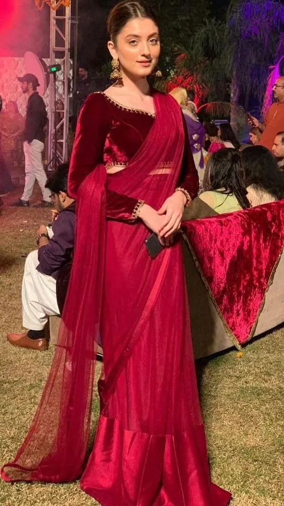 Ready to Wear Pleated Red Net Trail Pallu Sari Indian Woman Saree