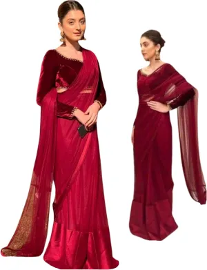 Ready to Wear Pleated Red Net Trail Pallu Sari Indian Woman Saree