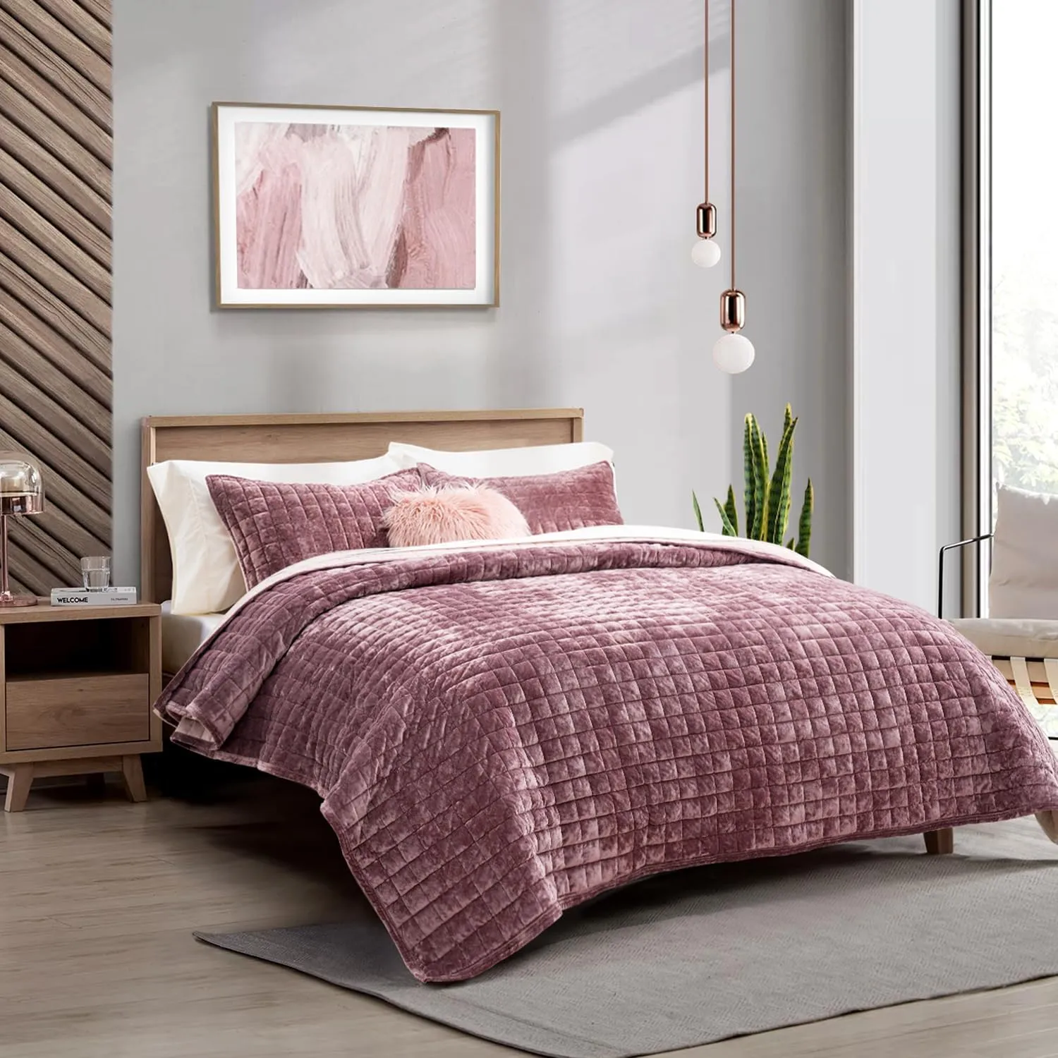 RECYCO Luxury Velvet Quilt Set King Size, Lightweight Velvet Comforter Set, Oversized Bedspread Coverlet Quilted Bedding Set, with 2 Matching Pillow Shams, for All Season, Dusty Mauve Pink