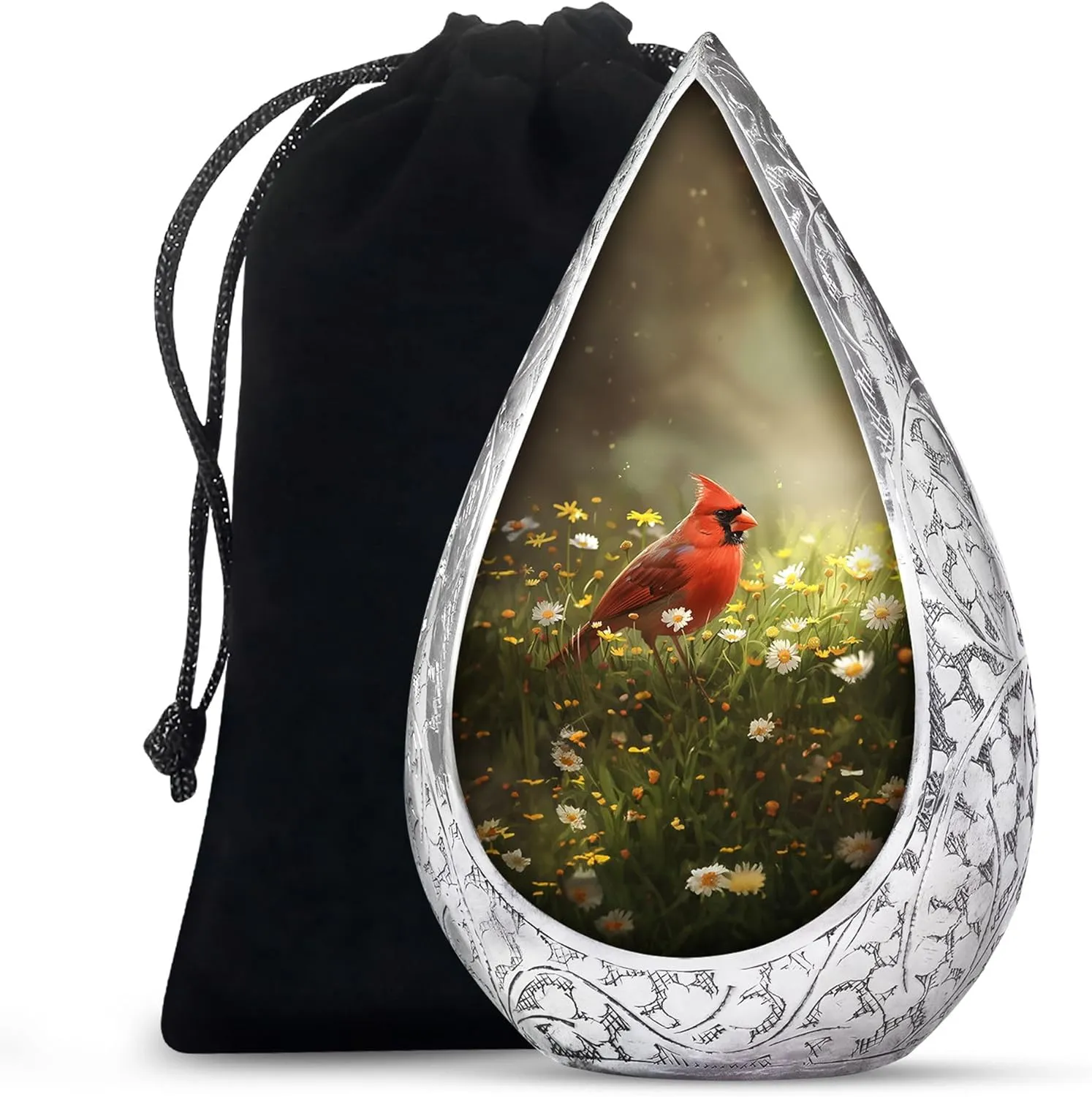 Red Cardinal Bird Urns for Ashes Adult Female and Male - White Flowers Drop Cremation Burial Urns with Velvet Bag 10 Inch - Large Urn for Ashes for Women and Men