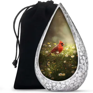 Red Cardinal Bird Urns for Ashes Adult Female and Male - White Flowers Drop Cremation Burial Urns with Velvet Bag 10 Inch - Large Urn for Ashes for Women and Men