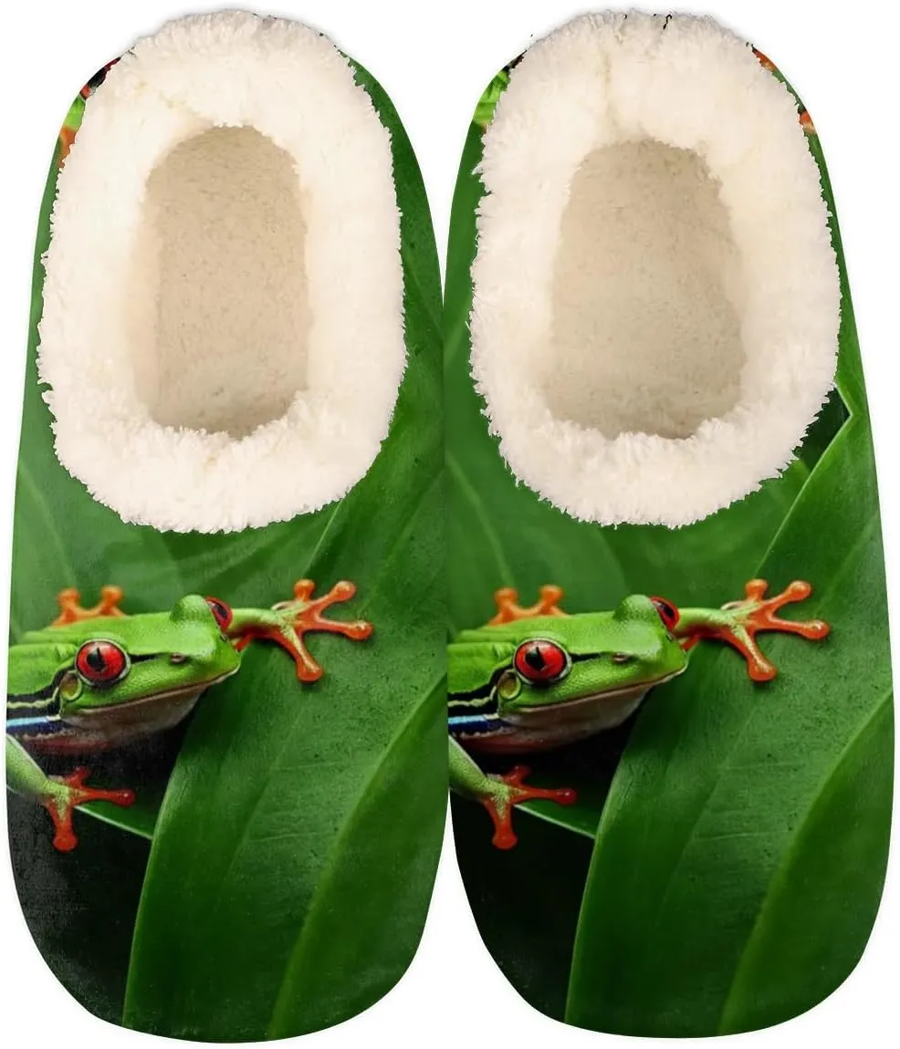 Red Eyed Frog House Slippers for Women Men, Tree Frog Jungle Leaf Fuzzy Soft Cozy Non Slip Slipper Socks