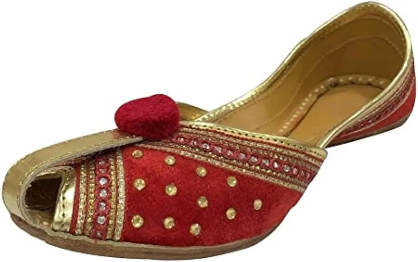 Red Ladies Khussa Juti Wedding Mojari for Women's Indian Shoes Handmade Flats Ethnic Punjabi Jooti