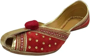 Red Ladies Khussa Juti Wedding Mojari for Women's Indian Shoes Handmade Flats Ethnic Punjabi Jooti