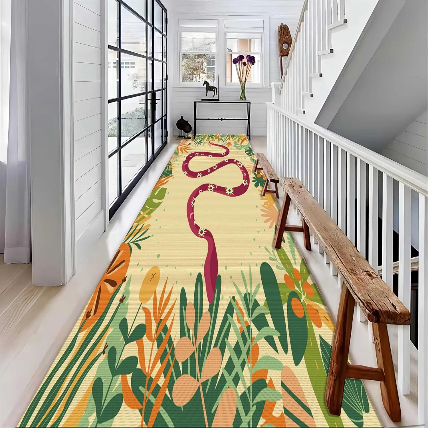 Red Snake Runner Rug, 1.3x7ft, Nordic Tropical Jungle Forest Wildlifes Predator Serpent and Sun Design Carpet, Washable Non-Skid Rugs with Yellow Checkerboard Background for Indoor, Multi