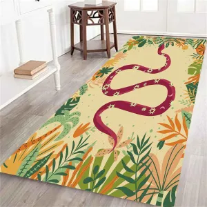 Red Snake Runner Rug, 1.3x7ft, Nordic Tropical Jungle Forest Wildlifes Predator Serpent and Sun Design Carpet, Washable Non-Skid Rugs with Yellow Checkerboard Background for Indoor, Multi