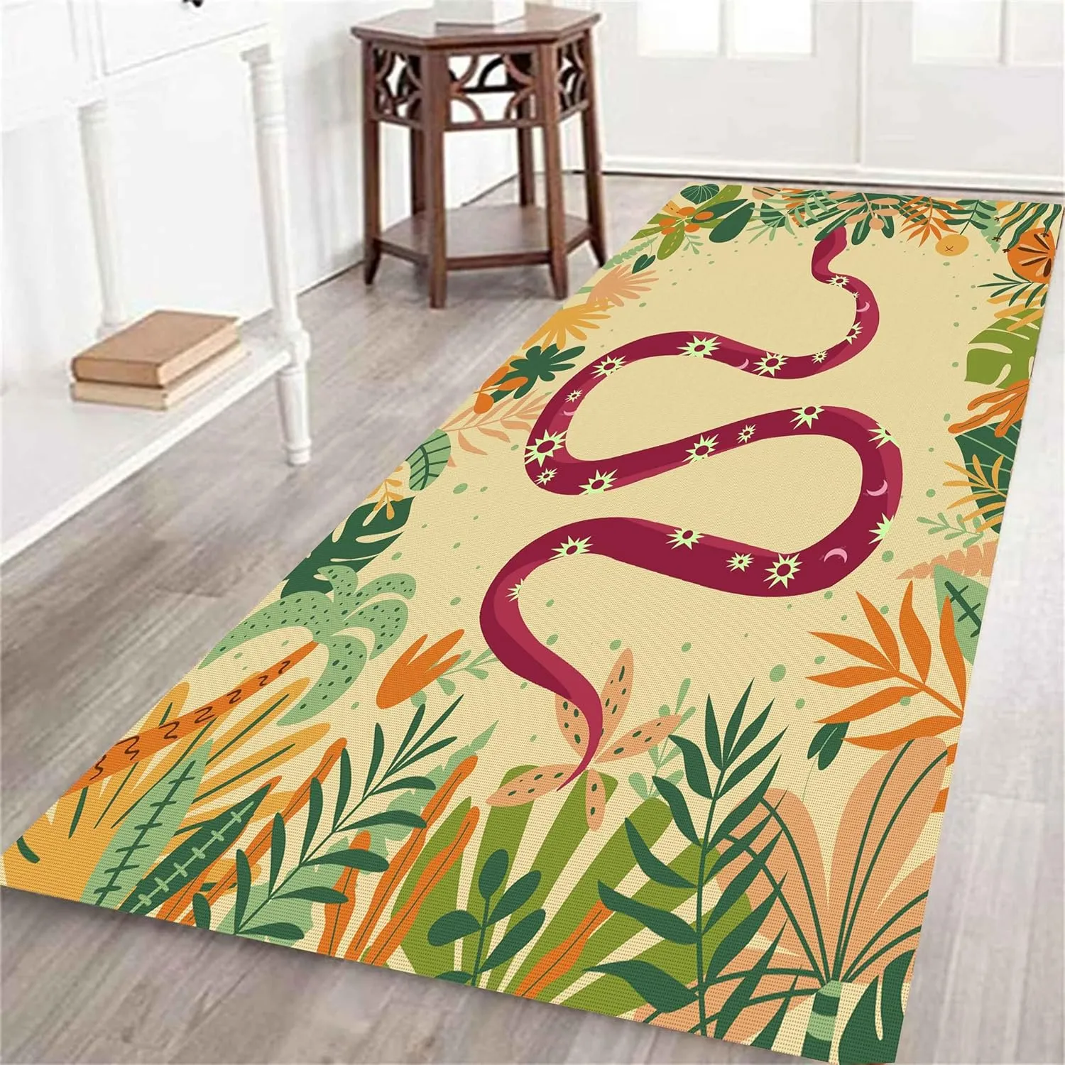 Red Snake Runner Rug, 1.3x7ft, Nordic Tropical Jungle Forest Wildlifes Predator Serpent and Sun Design Carpet, Washable Non-Skid Rugs with Yellow Checkerboard Background for Indoor, Multi