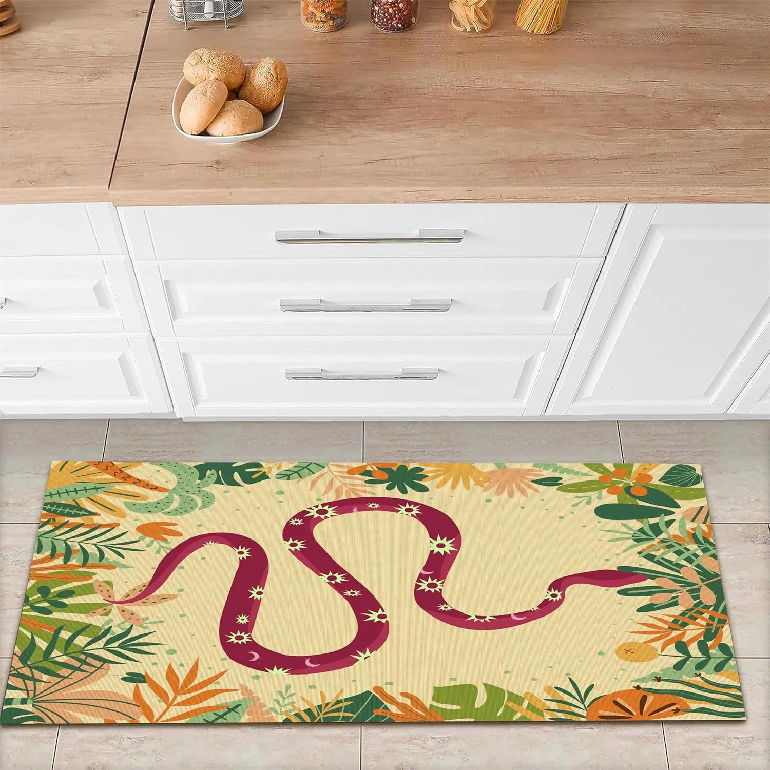 Red Snake Runner Rug, 1.3x7ft, Nordic Tropical Jungle Forest Wildlifes Predator Serpent and Sun Design Carpet, Washable Non-Skid Rugs with Yellow Checkerboard Background for Indoor, Multi